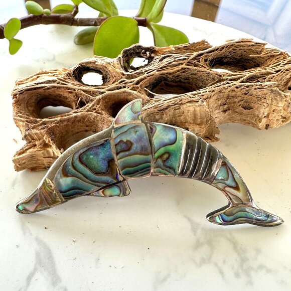 Sterling Silver & Abalone Dolphin Brooch Signed EPB 925 Vintage Hallmarked Jewel - Picture 1 of 8